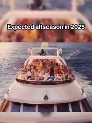 The image shows a boat packed with people cruising on the water while a text overlay announces 'Expected altseason in 2025'. The boat is white, and the people on board are celebrating with their hands up.