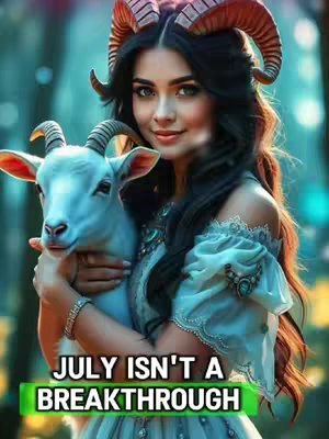 The cover image features a woman with long dark hair wearing a dress styled like a goat in a fantasy setting. She holds a baby goat with a blueish tint. Overlaid on a green bar at the bottom, the text reads: "JULY ISN'T A BREAKTHROUGH".