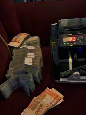 The image shows a close-up of a large stack of bundled currency, alongside money counting machines and loose bills. The environment appears to be a dark room, possibly for effect.