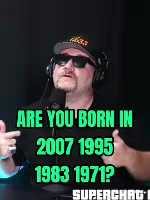 A man with sunglasses, a cap with the number "633", and a microphone. Text overlay says: "ARE YOU BORN IN", followed by a list of years: "2007 1995 1983 1971?". The word "SUPERCHAT!" appears at bottom.
