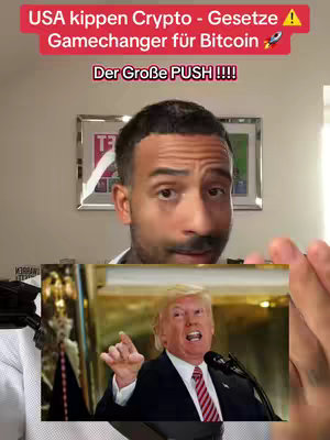 The image is a vertical selfie-style shot with the vlogger in the foreground, a framed picture behind him. Overlay text in a red banner highlights a key topic. Below, a smaller image of Donald Trump speaking is embedded. The vlogger looks towards the camera.
