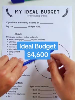 A person's hands are holding a pen and pointing at a document that says "Ideal Budget $4,600." The document is a budgeting worksheet.