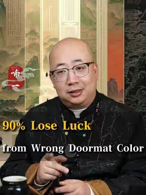 A man in glasses and a black shirt is centered in the frame, speaking. The background features vertical panels with traditional Chinese art. Below him is text that reads: '90% Lose Luck from Wrong Doormat Color'.