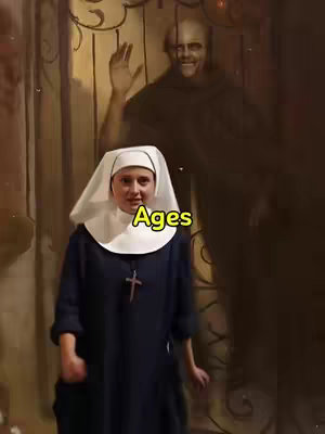 The cover image has a woman in a nun's habit standing in front of a wall that appears to have a painted mural. The woman is facing the camera and smiling, with a cross necklace. Behind her is a faded, dark-toned image of a man in a monk's habit, with a hand raised. The text overlay 'Ages' appears in a yellow bubble in front of the woman.