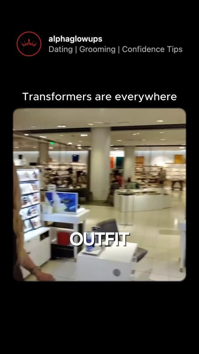 The image shows a retail store environment with multiple displays showcasing items. Large rectangular 'OUTFIIT' text is overlaid on a white display. The scene is well-lit and the setting appears to be a clothing store.