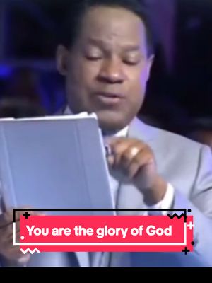 The image shows a man in a suit holding a tablet while speaking. A red banner at the bottom contains the text 'You are the glory of God'. The man is the central focus, with a blurred background.