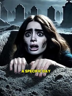 The image presents a woman emerging from a grave, her face expressing fear and surprise. She is positioned in the foreground, with her arms reaching out from the earth. The background includes tombstones, indicating a cemetery. The color palette is somber and dark, with shades of gray and blue dominating the scene. The layout and composition create a dramatic and suspenseful atmosphere.