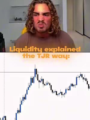 The cover image is split into two sections. The top half features a man with shoulder-length, wavy, light brown hair and a distressed facial expression. He appears to be in a room with a neutral background. The text overlay is yellow and says, Liquidity explained the TJR way:. The bottom half consists of a dark chart representing stock market data.