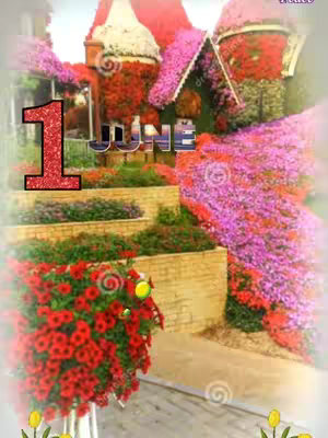 A colorful image featuring a vibrant display of flowers and architectural elements. Dominant colors are red, pink, and green, which create a cheerful and inviting atmosphere. The layout is detailed, resembling a garden or park setting with terraced levels and structures adorned with floral arrangements. The overall composition is bright and visually rich.