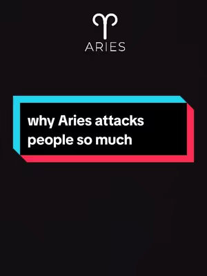 A vertical cover image with a black background, featuring a white Aries symbol and text overlaid on a black background. The text is contained within a rectangular box with a white border and light blue interior and red border, reading: "why Aries attacks people so much". At the top, there is an Aries zodiac symbol and the word "ARIES".