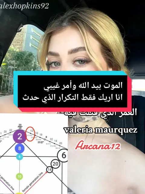 A selfie-style shot featuring a woman with fair skin and blonde hair. She is positioned in front of a car window, with a detailed astrological chart in the background. Text overlays in Arabic and English provide commentary on the content. The composition is a vertical frame.