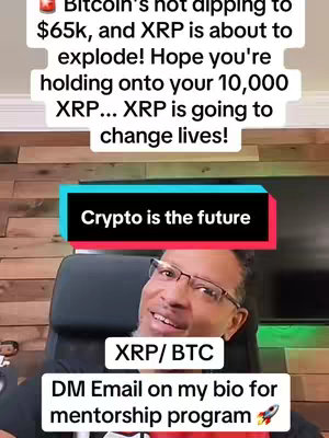The image features a man with glasses in a selfie-style shot, smiling slightly and looking towards the right. Above his head, there's a rectangular graphic with the text 'Crypto is the future.' Below him are two more rectangular graphics, one labeled 'XRP/BTC' in white text on a black background, and another stating 'DM Email on my bio for mentorship program' with a rocket ship graphic. The background shows a wooden wall panelling and a glimpse of a television.