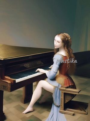 An AI-generated image that shows a painting of a woman playing piano. The woman is wearing a historical dress and is seated. The piano is old and antique. The background is simple to highlight the main character and the piano.