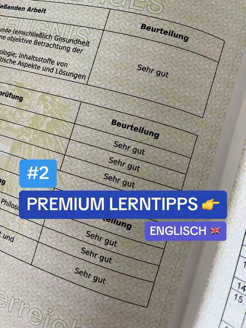 The image shows a close-up of a document with handwriting and text. Overlayed are blue boxes with white text that say '#2', 'PREMIUM LERNTIPPS', and 'ENGLISCH' with an English flag.