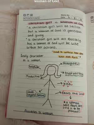 A hand-drawn diagram on a notebook page. It contrasts a 'christian girl' with a 'woman of God'. The diagram includes text, arrows, and stick figures to illustrate different character traits.
