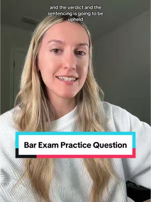 A woman with long blonde hair is centered in the frame, smiling and looking directly at the viewer. She is wearing a white sweater against a soft background. Overlayed on the bottom is a colorful rectangular banner with the text 'Bar Exam Practice Question.' Additional text is visible above the woman's head.