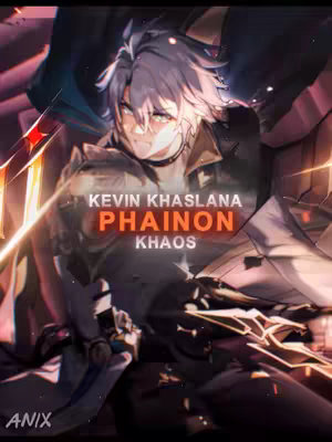 An anime-style illustration of a character with white hair and glasses, set against a dark, dynamic background with light flares. Text overlays include names and words like 'Khaslana' and 'Khaos.' The character appears to be in a powerful pose, possibly holding a weapon, with a visual intensity created by glowing effects.