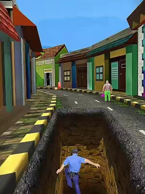 A 3D rendered image depicts a street scene. In the foreground, a deep pit with brick walls opens into the ground, towards which a man in a blue police uniform is falling.  A road goes away from the viewer with a man dressed in green pants and a white shirt, walking down the street. Besides it are building with doors and windows, some with red roofs