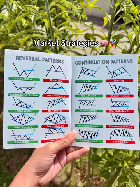 The image showcases an open book with trading pattern diagrams. The left page shows reversal patterns with elements like double bottom, inverted head and shoulders, falling wedge and bullish diamond. The right page contains continuation patterns such as bull flag, bullish pennant, bullish rectangle and ascending triangle. The book is held in a hand, and the background is filled with blurry green foliage, over which the words "Market Strategies" is overlaid in white text, along with a brain and rocket emoji.