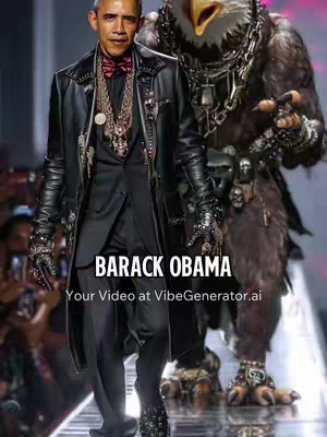 The image features Barack Obama walking on a runway, wearing a black leather jacket and suit, with ornate jewelry. Behind him is a person dressed as an eagle. Text overlay declares 'BARACK OBAMA'.
