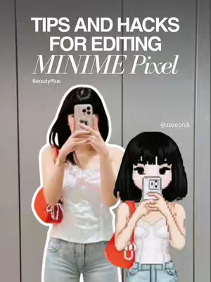 The image is a vertical selfie showing two versions of the same woman, one real and one pixelated like a video game character. The real woman is in the mirror, holding her phone up to take the picture, and the pixelated version on the right is doing the same. The background is a solid greyish-white, the woman is wearing a white tank top and blue jeans. The pixelated version has a red purse and a black short hairstyle. Above the woman, there's a text that says "TIPS AND HACKS FOR EDITING MINIME Pixel" in white, outlined with a black shadow.