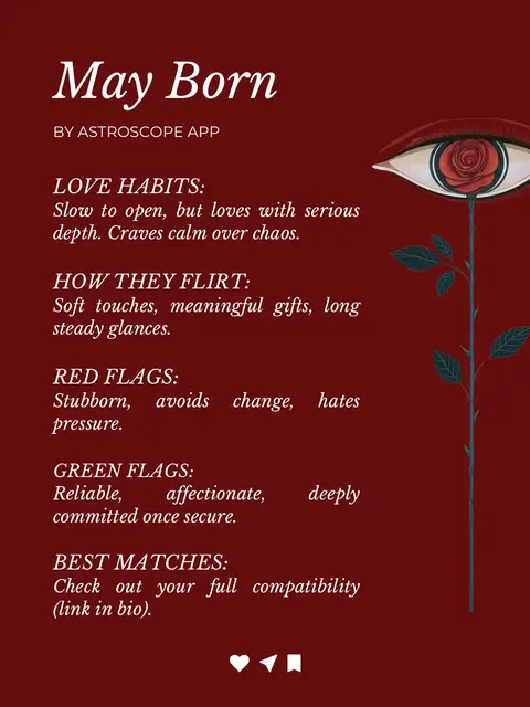 A maroon background with white text. The top has the text 'May Born'. Below the title is the text 'BY ASTROSCOPE APP'. The main body has bullet points with details about love habits, how to flirt, red flags, green flags, and best matches in white text. A stylized drawing of an eye with a rose inside, which sits on a stem with leaves, is on the right side.