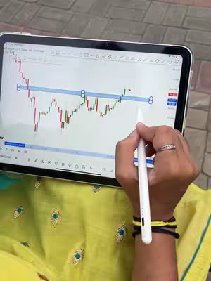 A close-up shot focuses on a person's hand holding a white stylus over a tablet displaying a stock chart. The tablet is centrally framed, showing red and green stock lines with blue horizontal support/resistance lines. The person is wearing a ring and bracelet, and a yellow patterned garment is partially visible.