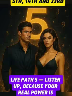 The image features a man and a woman standing side by side, set against a dark background with golden-yellow elements. Behind them, a large number '5' dominates, with other numbers scattered around. The text at the bottom on a purple rectangle highlights a message about Life Path 5.