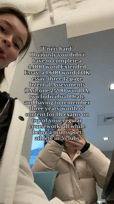 The image shows a young woman in a selfie pose. She's angled slightly towards the camera, with her face taking up a portion and the background visible behind her. She is wearing a jacket. Text overlaying the image indicates the difficulty of university compared to high school.