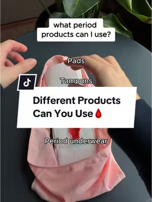 The cover image showcases different period products held by hands against a dark background. The image features a central white band with the words 'Different Products Can You Use' and a drop of blood. Below this are images of pads, tampons, and period underwear. The overall composition is simple and informative, with an emphasis on the products illustrated.