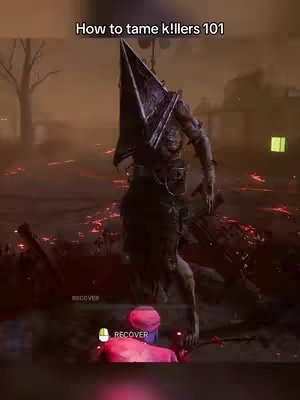 The video cover image shows a scene from the Dead by Daylight (DBD) game. In the center stands a character known as 'Pyramid Head' with a large, triangular helmet. The background is dark and ominous with a reddish hue, indicative of a horror setting. The foreground includes a character at the bottom of the image, recovered.
