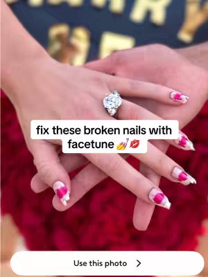 The image showcases a person's hands with carefully manicured nails, adorned with a combination of white and pink designs. A large diamond engagement ring is prominently displayed on one of the fingers. The background is a blur of red, likely a rose display. Overlaying the image is text inviting the viewer to use Facetune to fix the nails.