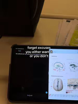 A tablet displays a split screen of a dark application interface on the left and digital diagrams on the right. Text overlays appear in white font. The background includes hints of a desk or table and a darker object.