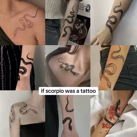 A grid of nine images showcasing different snake tattoos on various body parts. The tattoos range in design from simple outlines to detailed renderings, and are displayed on arms, chests, shoulders, and other areas. The tattoos have a black ink, against the skin.