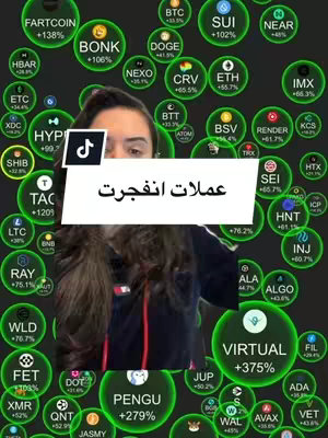 A woman is in the foreground, with text overlay in the image that reads "عملات انفجرت". In the background, the cover image features a dark green background with several circular elements that contain the name of cryptocurrency and their respective gains in a percentage, such as BTC, DOGE, ETH, etc.
