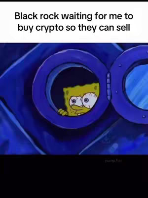 The image is a cartoon meme featuring Spongebob Squarepants peeking through a circular portal. The character is yellow with wide, distressed eyes, indicating a sense of worry. He is set against a blue, abstract background, which enhances the image's visual humor. Text at the top of the image suggests a satirical commentary on cryptocurrency trading.