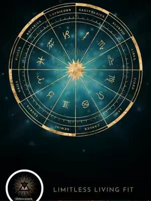 A circular illustration depicting a zodiac chart with celestial elements, set against a dark teal gradient background. The chart itself is golden, featuring zodiac symbols and names around the perimeter. At the bottom left a circular logo with a symbol overlaying a set of triangles appears adjacent to the text 'LIMITLESS LIVING FIT' in white.