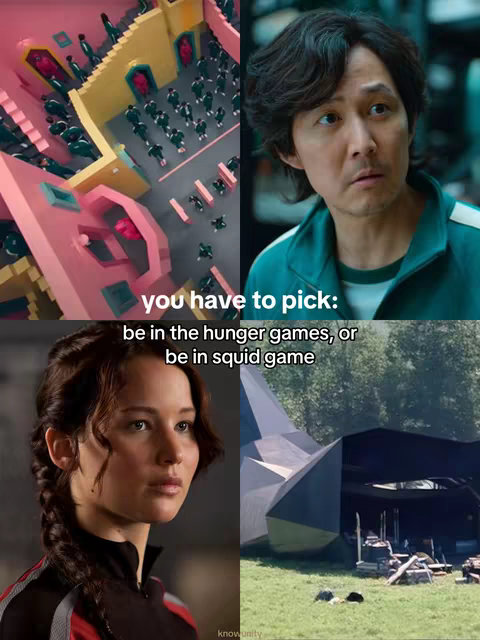 A split image featuring scenes and characters from 'The Hunger Games' and 'Squid Game'. The image is divided into four quadrants. The top left shows a scene from 'Squid Game' with figures in green tracksuits. The top right displays a close-up of a man, likely the main character from 'Squid Game', with a concerned expression. The bottom left shows Katniss from 'The Hunger Games', looking determined. The bottom right presents the exterior of a structure used in 'The Hunger Games'. Text overlayed suggests a choice between the two.