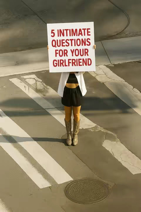 An overhead shot of a person standing on a crosswalk, holding a white sign. The sign has large, red text that reads, "5 INTIMATE QUESTIONS FOR YOUR GIRLFRIEND." The person's head is hidden behind the sign. The person is wearing a black top and skirt, and cowboy boots. The crosswalk consists of white stripes over a gray asphalt surface.