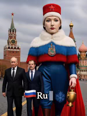 An AI-generated image depicts a woman in a costume inspired by the colors of the Russian flag: red, white, and blue. She stands in front of a cityscape, likely Moscow, with iconic buildings such as St. Basil's Cathedral in the background and two suited men. The woman wears a traditional-style hat with a red star and holds a golden cup. The word "Ru" is placed near the men.