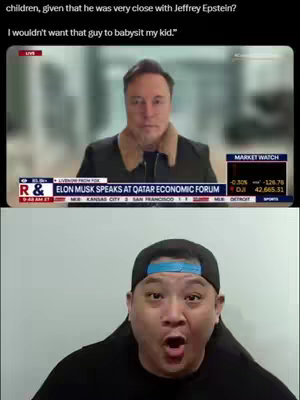 The cover image is a split screen combining two different scenes. The upper part shows a screenshot of a broadcast featuring Elon Musk, with text overlaying the scene and lower half displaying a video of a man with surprised facial expression. The color palette includes neutral and gray tones with the broadcast and more vibrant skin tones for the man. The composition is a setup of a reaction video.