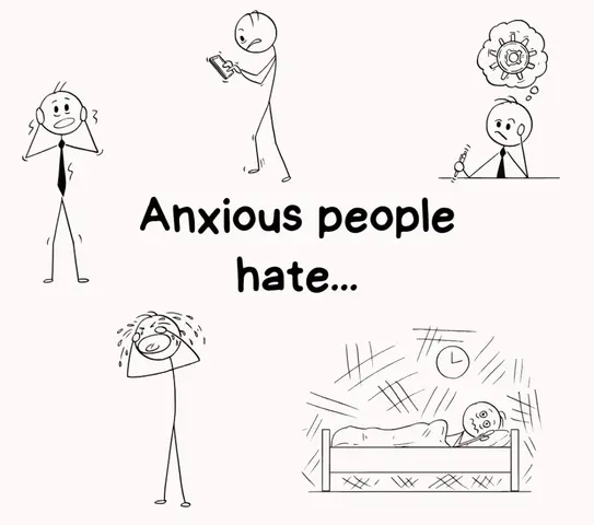 A black and white cartoon image that presents several stick figures displaying anxieties. There are stick figures looking horrified, looking at a phone with a frustrated expression, and one with a worried expression with a gear-like thought bubble above its head, another crying. Also there is stick figure that looks as thinking, and the last one is in the bed with sleeplessness, which is represented by a clock, and many lines on the background. The hook text, written in bold, large, black font that is placed below the images says 'Anxious people hate...'.