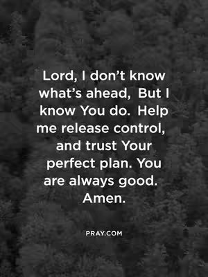 A vertically oriented image with a blurred background of dark green foliage. Centered on the image, there's a large block of text in white. The text is a prayer, expressing trust in a higher power. The bottom features the website address of the prayer site.