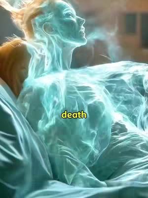 The image depicts a luminous human figure rendered in shades of teal and white, seemingly floating or emerging from a teal bed or background. The figure has ethereal, translucent qualities, suggesting a spiritual or otherworldly theme. The word "death" is superimposed in a yellow box.