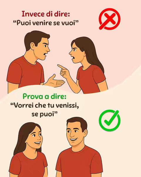 The image is a graphic that visually contrasts two ways of phrasing a request. The layout is clean, with a light peach background. The top half shows a stylized illustration of a man and a woman in what appears to be an argument. The woman is pointing, and both have animated expressions. A large red X sits to the right of their image. Below, another illustration features the same man and woman, but they are smiling at each other. A green checkmark is to the right of their image.