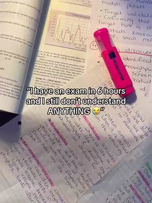 The cover image shows an open textbook and additional handwritten notes. A pink highlighter and folded paper with annotations are laid on top. The text states the student is facing an exam in 6 hours and doesn't understand anything.