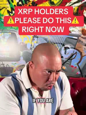 A man in a striped shirt looks intently at the camera. Overlay text in a red box at the top reads 'XRP HOLDERS PLEASE DO THIS RIGHT NOW'.  A yellow caution sign image  is included on the header.