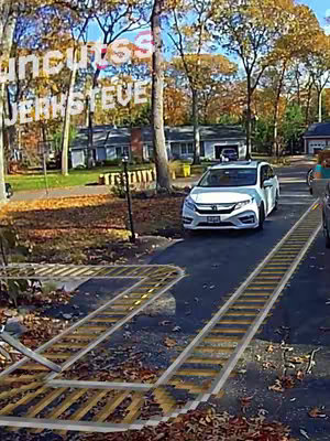 A street scene featuring a white minivan on a driveway. The road is dark, and the sky is blue with trees in the background. Artificial lines are drawn on the driveway.