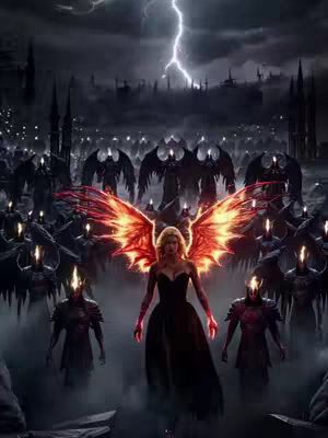 A digital illustration depicts a scene of angels and demons with a dramatic sky background. In the center, a woman with blonde hair and fiery red wings stands, surrounded by figures with dark cloaks and glowing eyes, with a cityscape and lightning in the background.