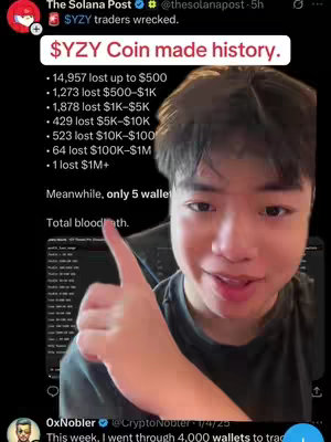 A young man with a slightly surprised expression points a thumbs-up while showing a social media post about a cryptocurrency called $YZY Coin. His thumb is up and his shirt has a toothpaste stain. The post includes details about losses from the coin.